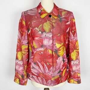 Doncaster‎ Floral Linen Silk Blend Jacket Women Petite Size 8P Pink Red Button